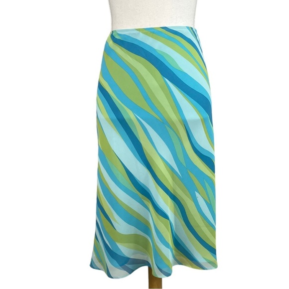 Apostrophe Blue Green Tan Abstract Print A-Line Y2K Knee Length Skirt Low Rise - Picture 2 of 8